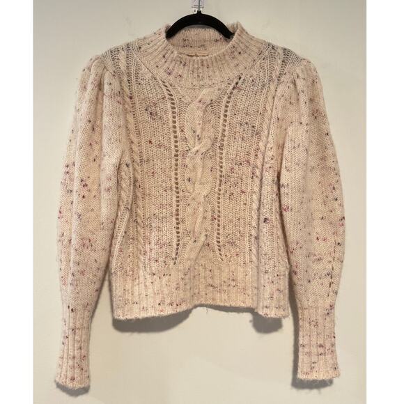 Rebecca Taylor Speckled Cable Knit Puff Sleeve Sweater Cream Wool Alpaca Size M - Picture 1 of 7